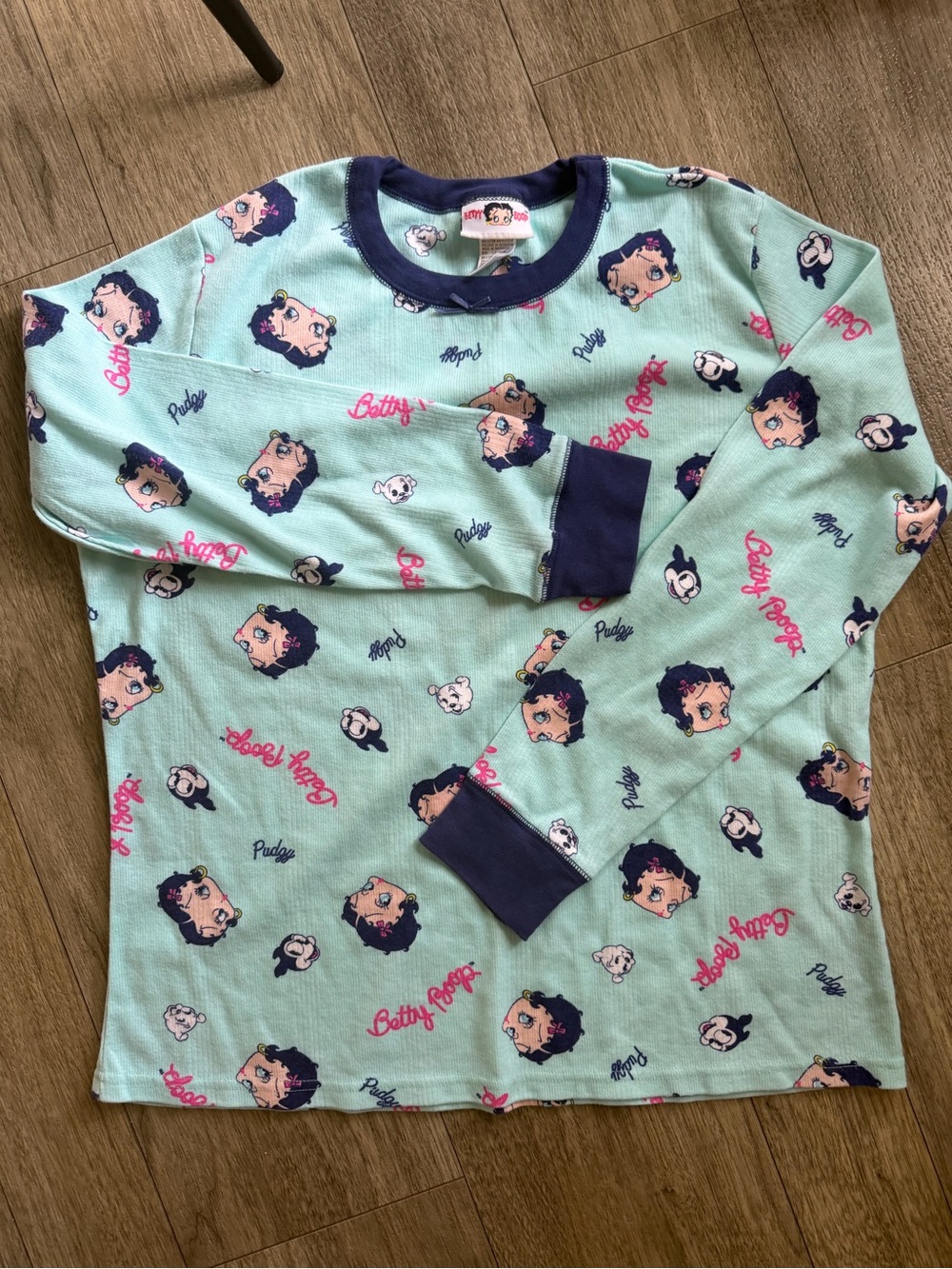 Betty Boop Mint Green Pajama Top with Navy Trim and Pink Accents